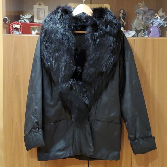 Fox Fur Collared Genuine Leather Coat - Picture 7 of 8